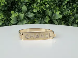 Pre-owned Chanel Gold Toned Name Plate Bracelet w/ Crystals