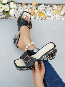 Women's 2026 Hot Trending Platform Wedge Slides, Pu Leather Slides, Open Toe Casual Summer Sandals. Fashion Patchwork Detail Shoes, Comfortable Footwear for Vacation & Daily Wear, Beach Slide Sandals for Women & Girls