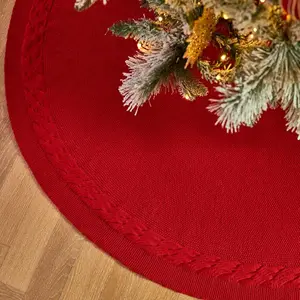 36 Inch Red Knitted Christmas Tree Skirt: Small Thick Cable Knit Round Cream Tree Skirt for 4-6FT Tree Rustic Neutral Farmhouse Neutral Christmas Tree Decorations Tree Base Cover