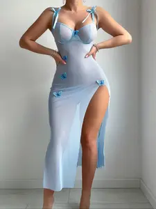 Women's Homecoming 2-Piece Set Lingerie, Plain Color Butterfly Decoration Side Split Spaghetti Strap Dress, Soft Breathable Lightweight Fabric, All-Season Wear