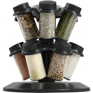 Space Efficient Rotating Condiment Rack12 Jars Removable Strainer Lids Organized Cabinet Countertop Storage Black Mushroom Organiser
