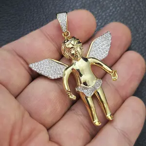 MaxBling81 AAA+ Moissanite 14K Gold-Plated Brass Baby Angel Charm Pendant, Iced Bling Religious Hip Hop Jewelry for Elegance and Casual Wear