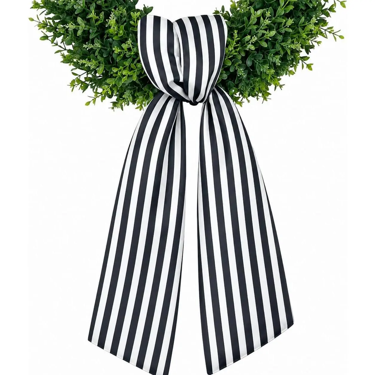 Black White Striped Wreath Sash for Front Door, 4.5 x 56 Inch Boxwood Satin Ribbon Garland Accessory for Porch Farmhouse Home Decor