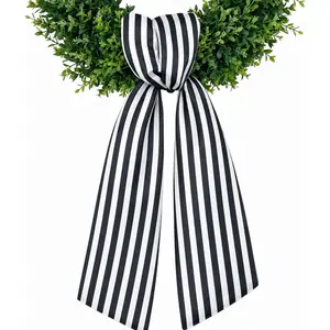 Black White Striped Wreath Sash for Front Door, 4.5 x 56 Inch Boxwood Satin Ribbon Garland Accessory for Porch Farmhouse Home Decor