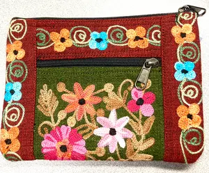 RED- Embroidered Floral 2-Zip Accessory Purse