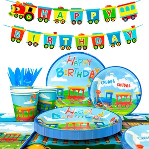 Train Birthday Party Supplies,128pcs Train Party Decorations Tableware Set - Train Plates and Cups Napkins Train Birthday Banner Tablecloth etc Train Themed Tableware
