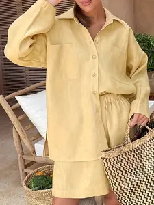 A women's loose shirt + drawstring shorts two-piece set, light and fresh style set, suitable for spring and summer going out, leisure and vacation, light social afternoon tea, daily commuting wear