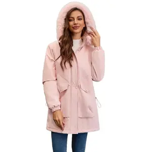 Women’s winter warm padded puff jacket with large fur collar, long down coat, zip-up elegant outerwear, plus sizes (S–XXL), black/pink, basic fitted minimalist top