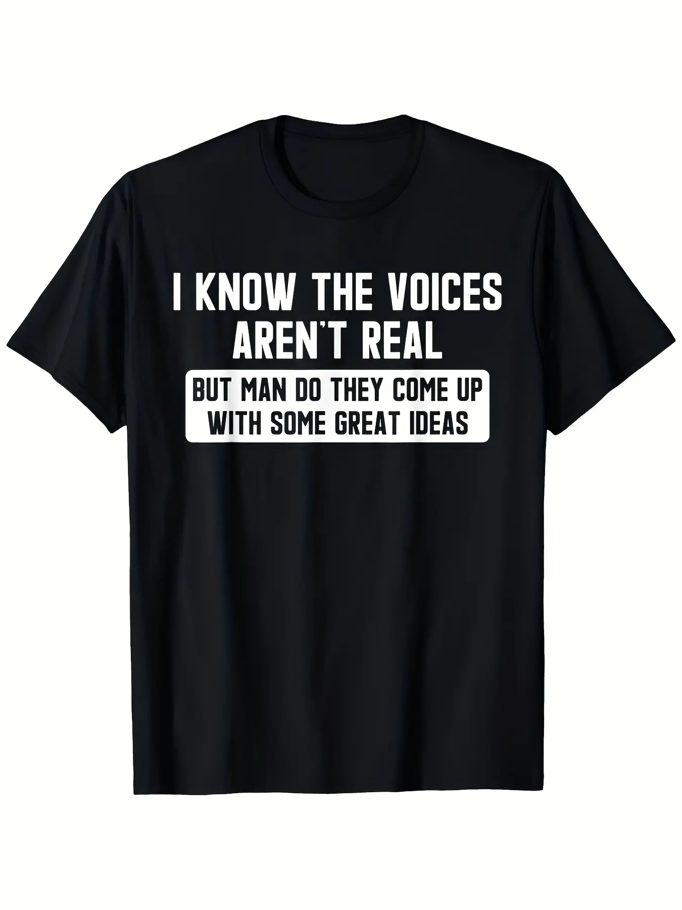 Men'S Plus Size Schizophrenia Awareness T-Shirt - I Know The Voices Aren'T Real Funny Retro Psychotic Humor Tee, Plus Size L-XXXXXL, Black White Crew Neck Casual Top with Slogan, Machine Washabsummer Essential, Perfect for Gifting