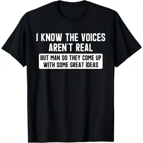 Men'S Plus Size Schizophrenia Awareness T-Shirt - I Know The Voices Aren'T Real Funny Retro Psychotic Humor Tee, Plus Size L-XXXXXL, Black White Crew Neck Casual Top with Slogan, Machine Washabsummer Essential, Perfect for Gifting