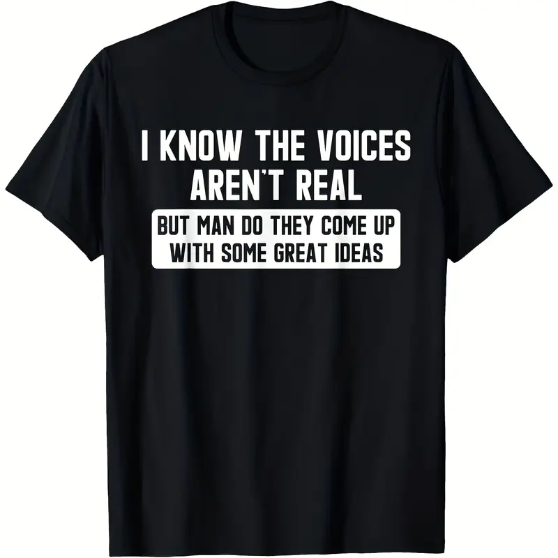 Men'S Plus Size Schizophrenia Awareness T-Shirt - I Know The Voices Aren'T Real Funny Retro Psychotic Humor Tee, Plus Size L-XXXXXL, Black White Crew Neck Casual Top with Slogan, Machine Washabsummer Essential, Perfect for Gifting