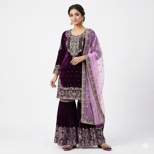 Viral Gharara Suit in Velvet Purple Color with Intricate Embroidery and Matching Dupatta for Festive Wear Womenswear