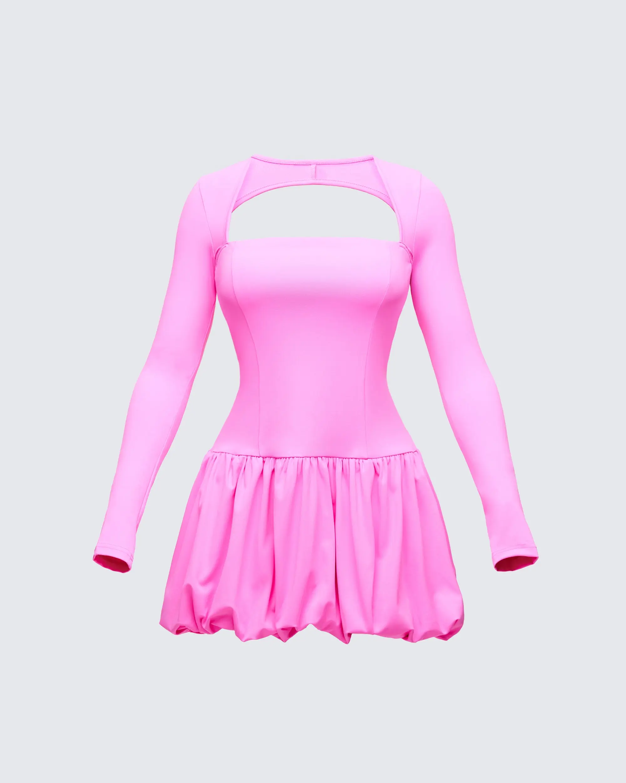 Women's Spandex Long Sleeve Bodycon Pili Pink Drop Bubble Hem Micro Mini Casual Dress, Cutout