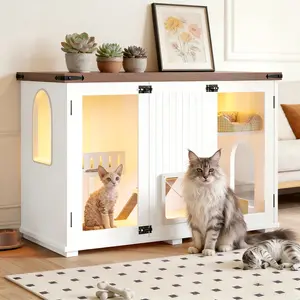 White Large Cat Litter Box Enclosure, 47.25in Hidden Cat House with LED Light, Smart Locking Doors, Stairs & Scratching Post for Large Cats