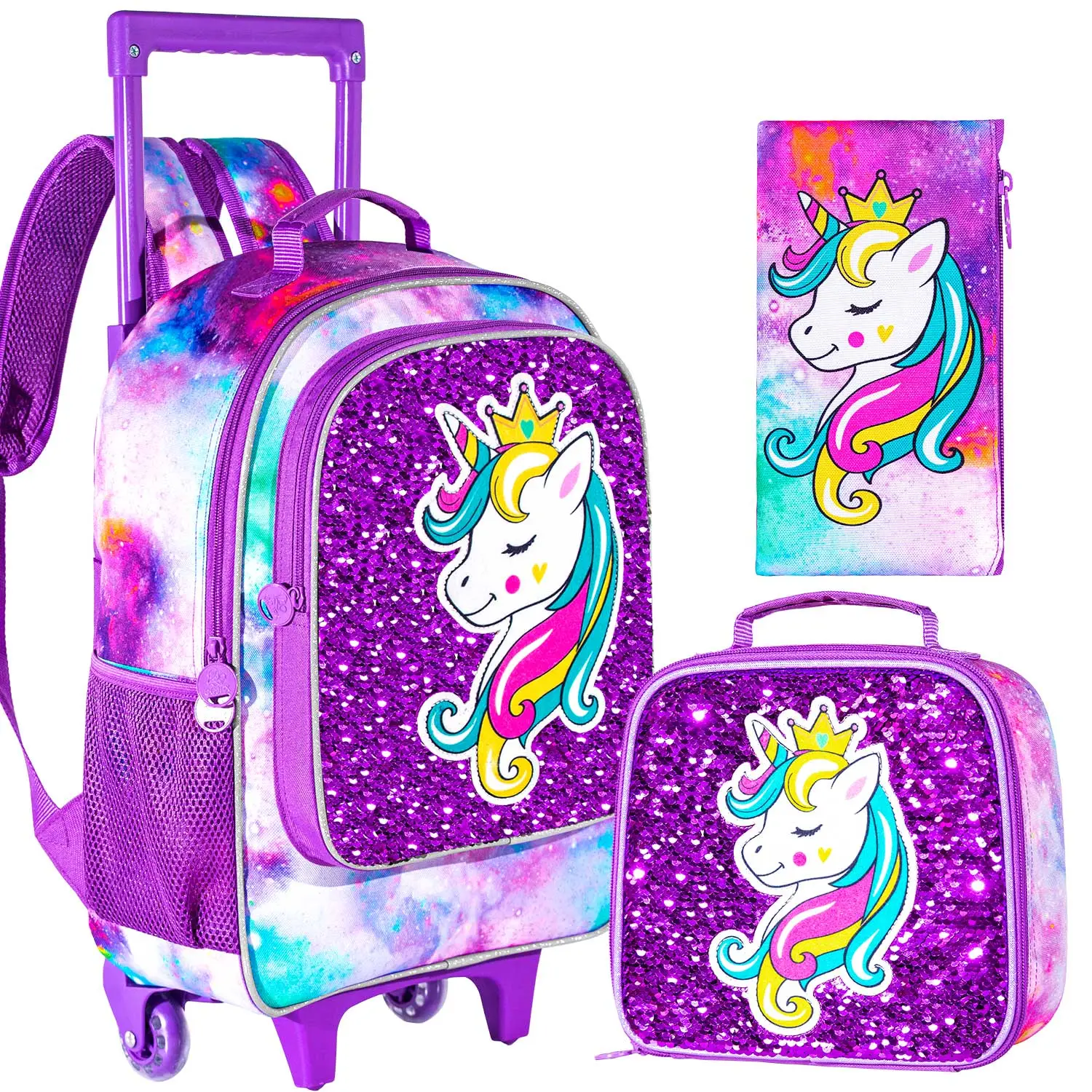 GXTVO 3PCS Rolling Backpack for Girls, Kids Unicorn Roller Bookbag with Wheels, Wheeled School Bag Set for Elementary - Purple