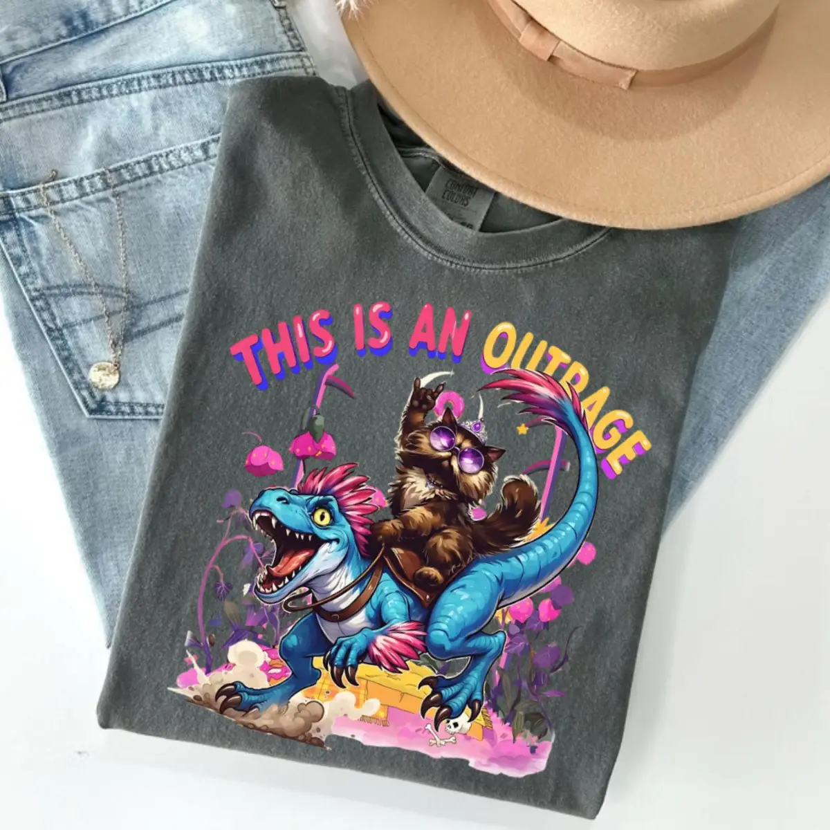 Comfort Colors This Is an Outrage Shirt, Funny Cat & Dinosaur Graphic Tee, Princess Donut Inspired T-Shirt, Fantasy Reader Gift, Retro Humor Apparel