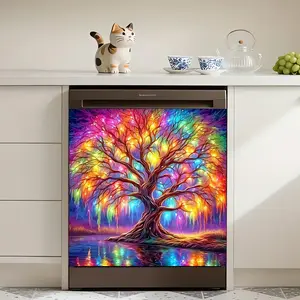 1 piece of dreamy dishwasher sticker featuring a neon tree of life with water reflection, suitable for home decoration, dishwasher decoration, bedroom decoration, room decoration, made of vinyl material, self-adhesive and removable, Decorative Stickers