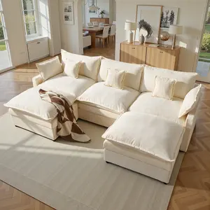 【2 Packages Shipping】Ovios 108" U-Shaped Modular Sectional Sofa - Comfy Cloud 3-Seater with 2 Movable Ottoman, Cloud Sofa Couch, Deep Seat Linen Couch for Living Room, Comfort & Stylish Design, Chenille Beige