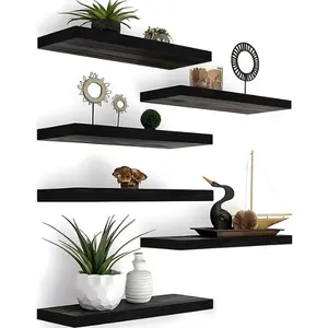 Wood Floating Shelves for Wall Decor, Rustic Wall Shelves for Bedroom Bathroom Kitchen Living Room, Set of 6 Black