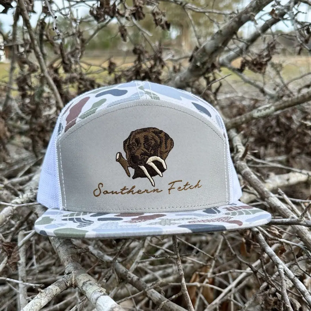 [5 Styles] Shed Dog Old School Camo 7 Panel Hat, Southern Fetch Embroidered Snapback Cap, Shed Hunting Trucker Hat, Outdoor Hunting Hat for Men, Hunter Gift