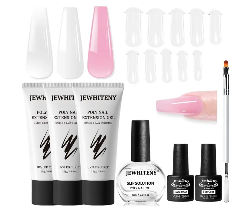 JEWHITENY Poly Extension Gel Nail Set Clear White Pink Poly Nail Gel With Base Coat Top Coat for Finger Art and Home DIY French Manicure Need U V Lamp Curing