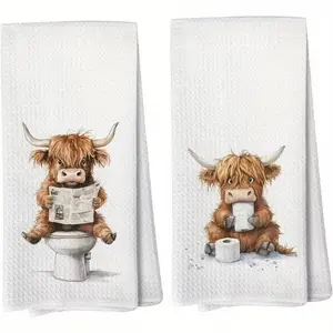 2-Pack Waffle Texture Highland Cow Print Bathroom Towels, Women's Gift, Country Farmhouse Style Kitchen & Bath Decor, 18x26 Inches