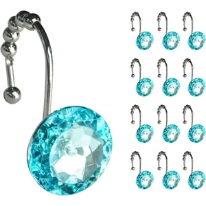 Round Teal Blue Diamond Crystal Gem Bling Shower Curtain Hooks with Glide Balls for Mermaid Shower Curtains, Rust Proof Metal Rhinestones Glam Shower Curtain Rings-12 Pack
