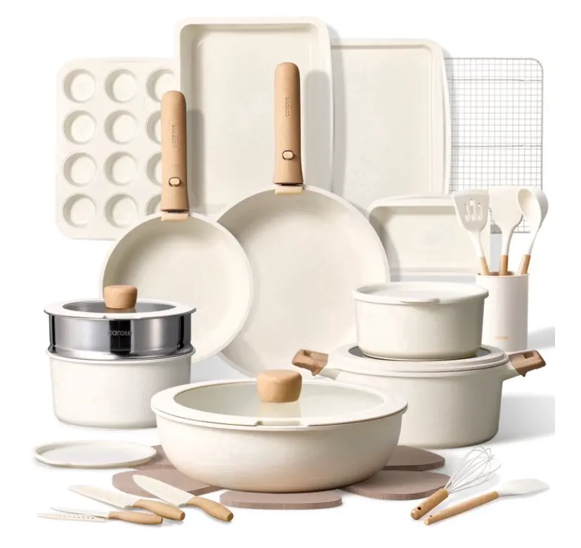 CAROTE 35-Piece Nonstick Cookware Set, Pots and Pans Set with Detachable Handle, Induction Compatible, Oven & Dishwasher Safe, White