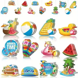 Summer Beach Decorations Set, Wooden Hanging Ornaments with Watermelon Coconut Flamingo Designs, Party Tree Decoration, Holiday Accents