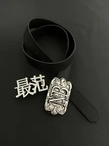 Double Buckle Interchangeable Rhinestone Vintage Carved Belt, High-Quality Unisex Leather Waistband, Unique American Style