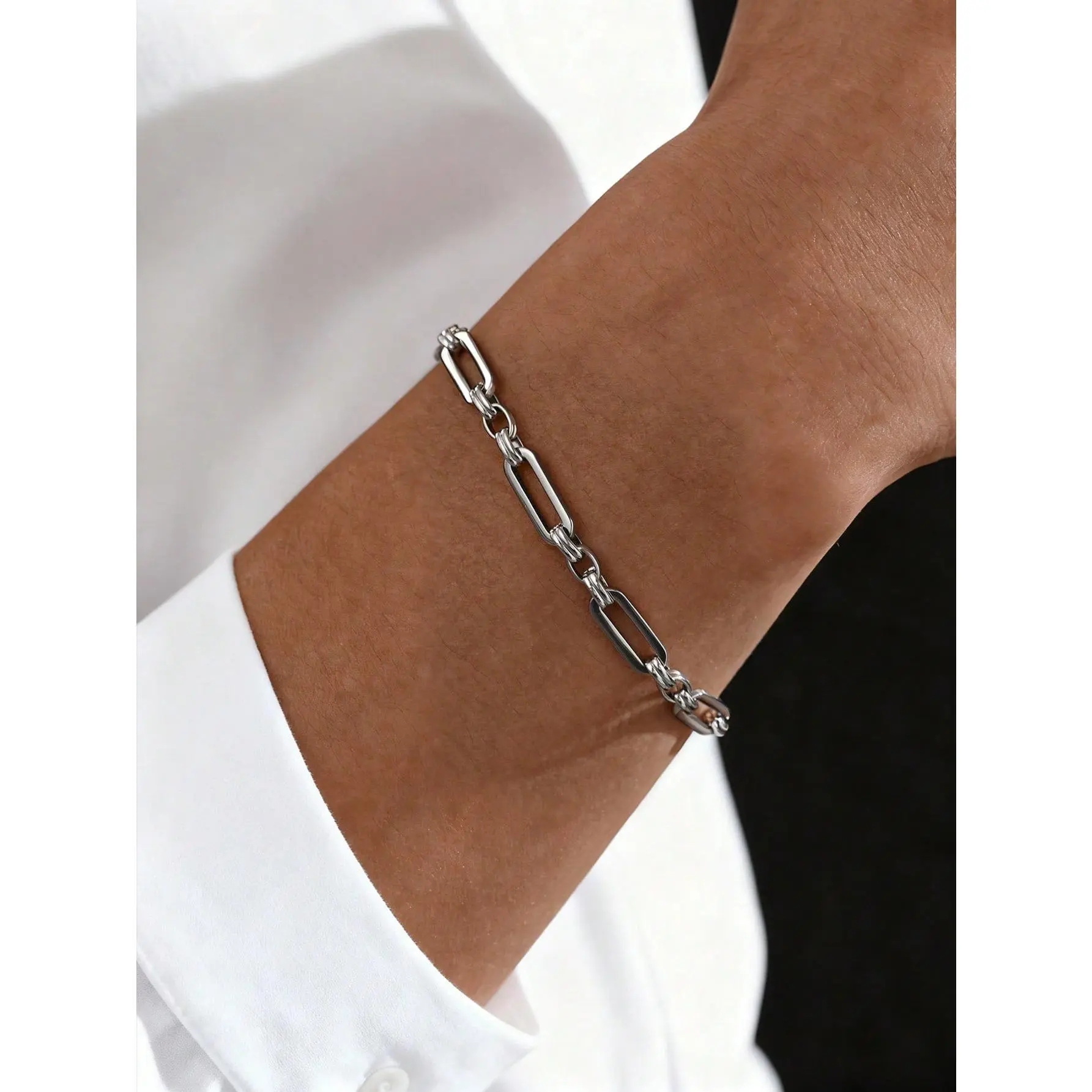 Unisex 1pc Vintage Industrial Style Stainless Steel Bracelet - Minimalist Geometric Chain Bangle, Double Roll Cuff, Casual Trendy Costume Jewelry for Daily Commuting & Casual Wear, Casual Trendy Jewelry