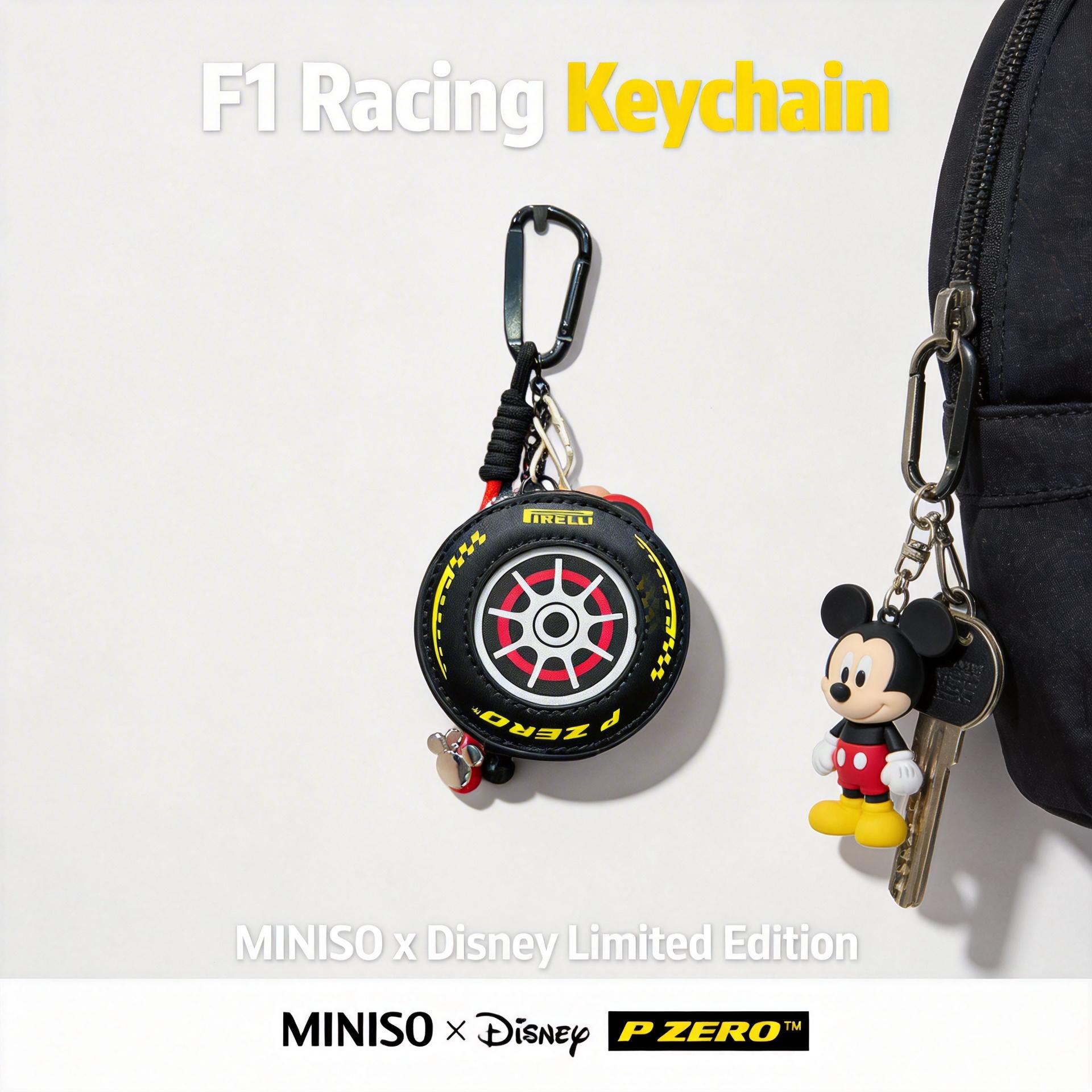 MINISO x Disney Mickey F1 Racing Collection Tire-Shaped Coin & Earphone Pouch Bag Charm | Premium Stylish Accessory, KeychainPendant, CuteAccessories