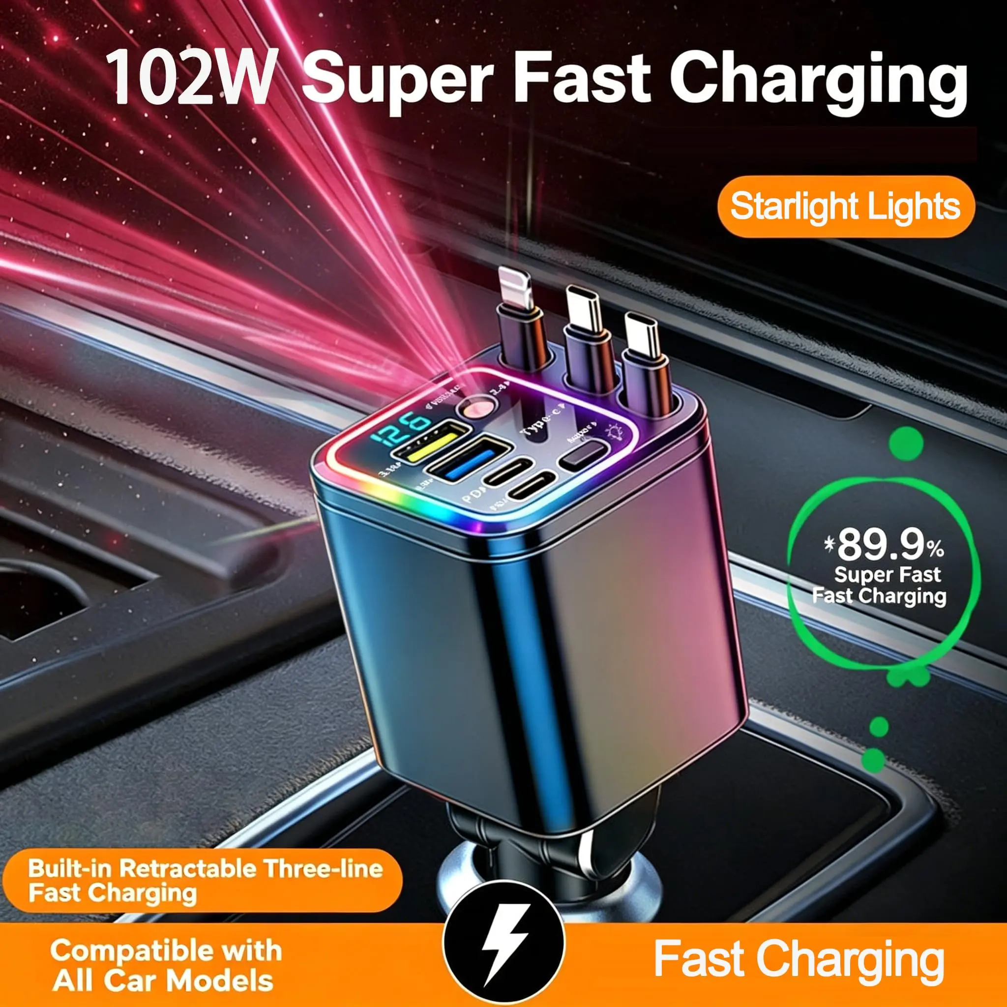 7-in-1 Retractable Car Charger: 120W Max Fast Charging Station with 3 Cables, Star Projector | LED Voltage Display & | Premium Car Accessories for iPhone & Android | Essential Road Trip Gadget & Organizer, Gifts for Father’s Day for Men, Dad, Husband