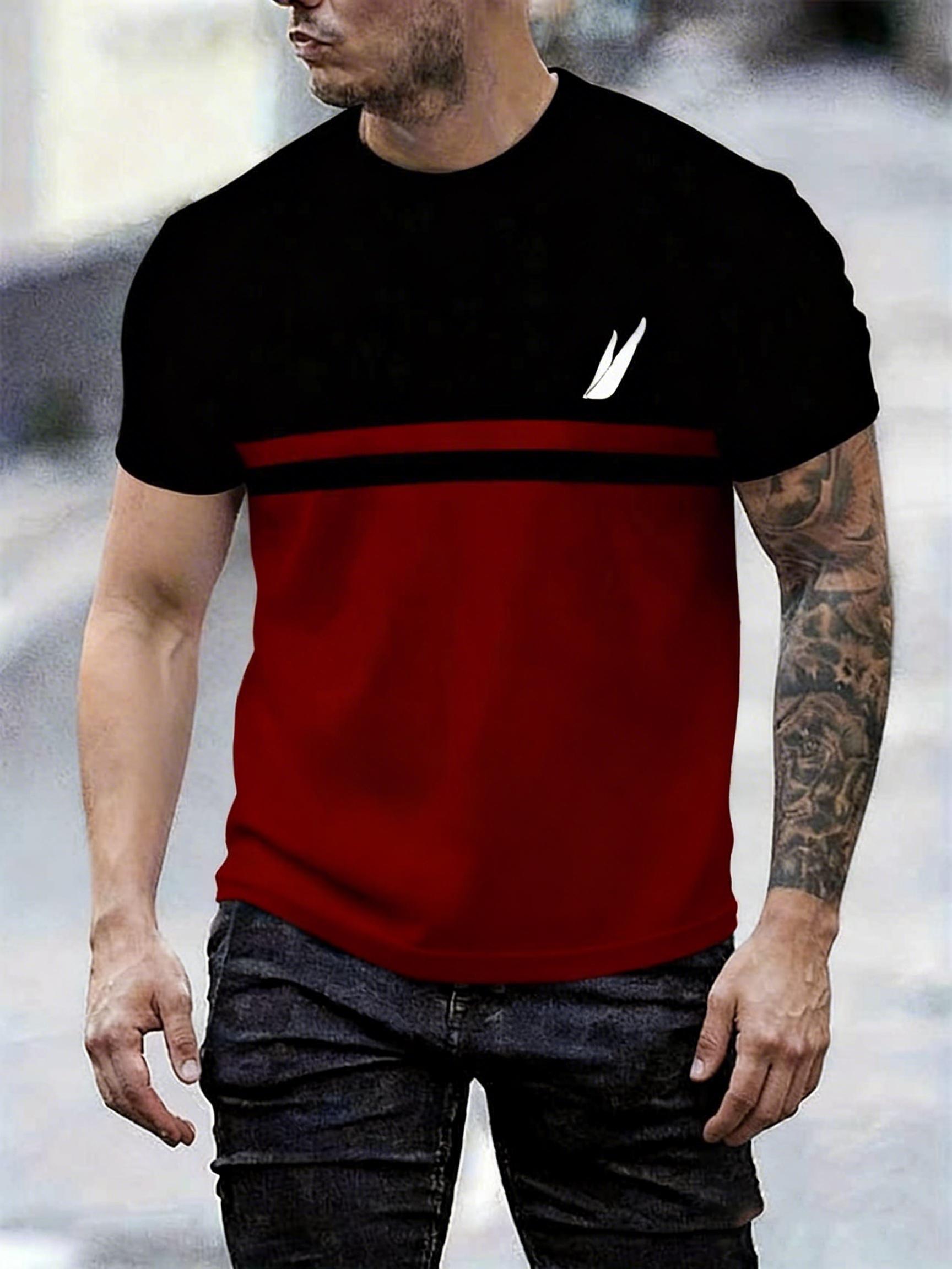 Trendy color-block men's short-sleeve T-shirt, red and black contrast round-neck, simple and stylish design, suitable for various occasions, comfortable and breathable summer top