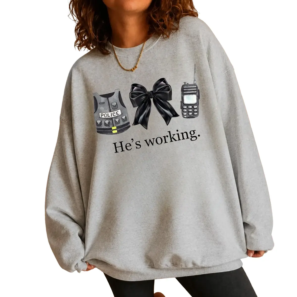 He’s Working Police Wife Crewneck Sweatshirt, Officer Vest Bow Radio Graphic Pullover, Cop Spouse Gift