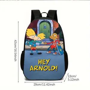 "Hey Arnold!" themed backpack - a lightweight, high-capacity travel and hiking bag with adjustable shoulder straps, polyester lining, and zippers - perfect for students and outdoor adventurers.
