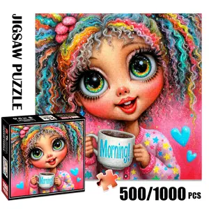 1pc 1000 piece adult puzzle 58x58cm Colorful - Haired Doll with "Morning!" Mug 500 pieces paper jigsaw puzzle suitable for DIY creative games for adults and families, birthday and holiday stress