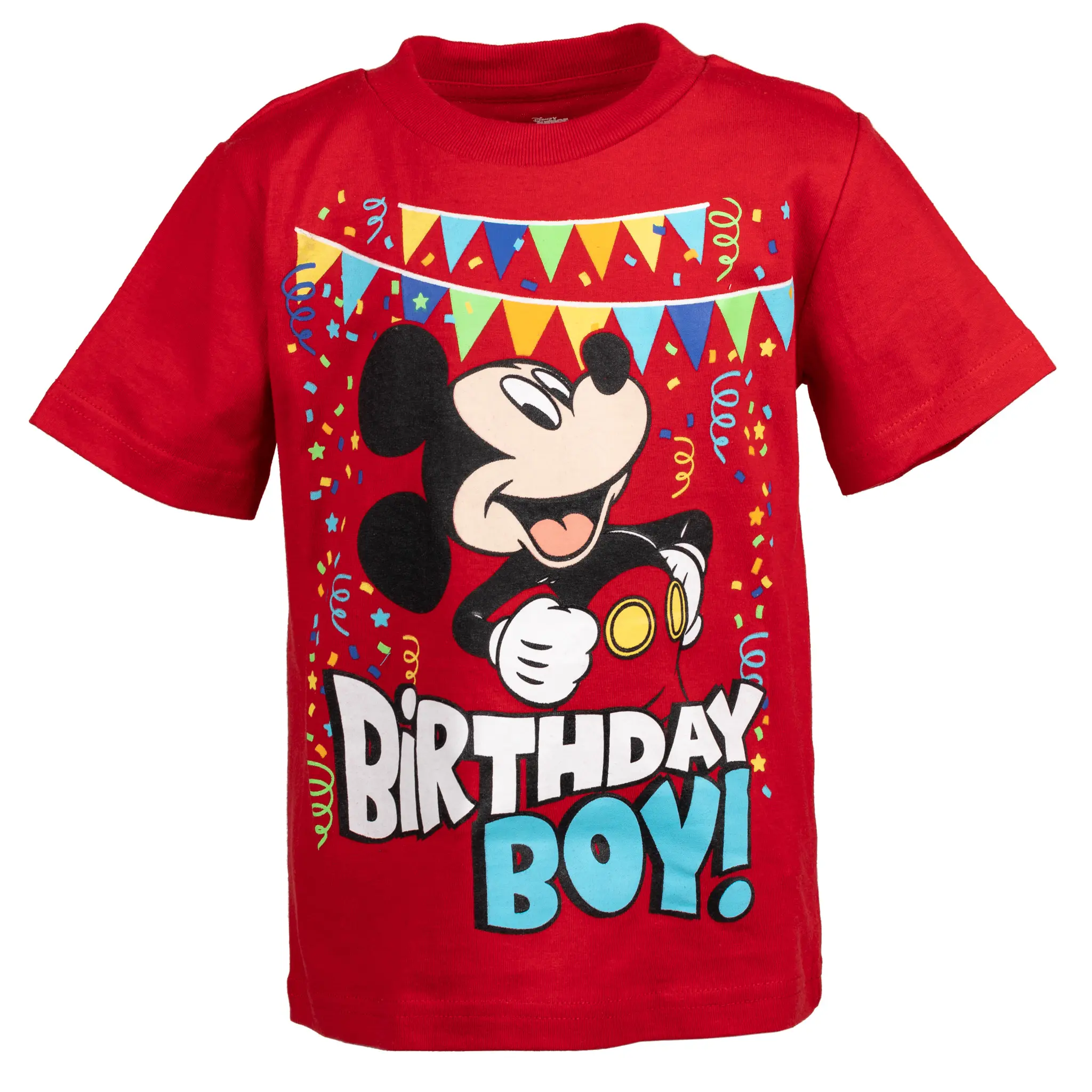Disney Mickey Mouse Crew Neck Pullover Tee for Toddlers & Kids, Cotton-Blend Jersey, Festive Party Pennants & Colorful Confetti Print, Birthday Theme, Bold Colors, Celebration, Ribbed Crewneck, Stretch Fit, 4T-5T, Boys' Kids' Fashion Top