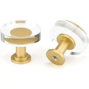 10 Pack Glass Cabinet Knobs Gold Drawer Knobs Round Crystal Cabinet Handles Clear White Hardware for Dresser Bathroom, Aluminum Alloy Base