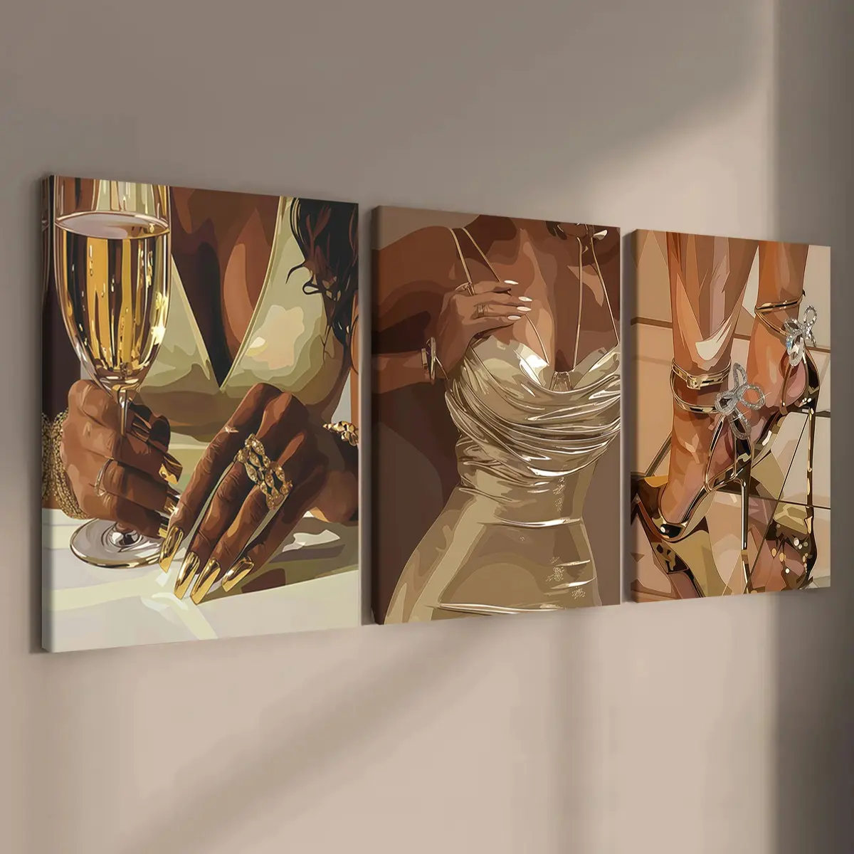 3-count wooden frame canvas, warm gold luxury trendy party women's decorative poster, perfect home decoration, modern family poster, corridor wall art, Room Wall Art, Art Work For Wall Decor, waterproof, art, Wall Art Print
