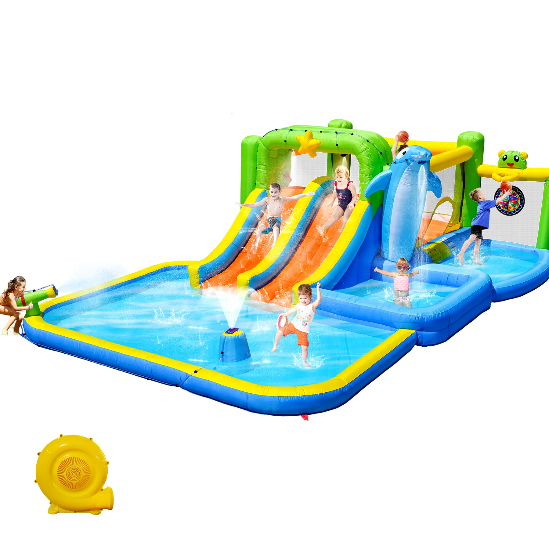 Outdoor Inflatable Bounce House – 9-in-1 Play Center with Water Slide, Splash Pool, Sprinkler, Water Gun, Target Game, and Blower, Oxford Fabric, Multicolor, for Soft Lawn Ground