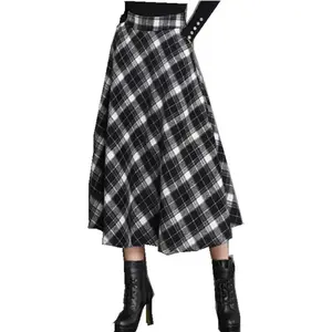 Women's Wool Maxi Skirt A-Line Pleated Vintage Plaid Winter Swing Skirts