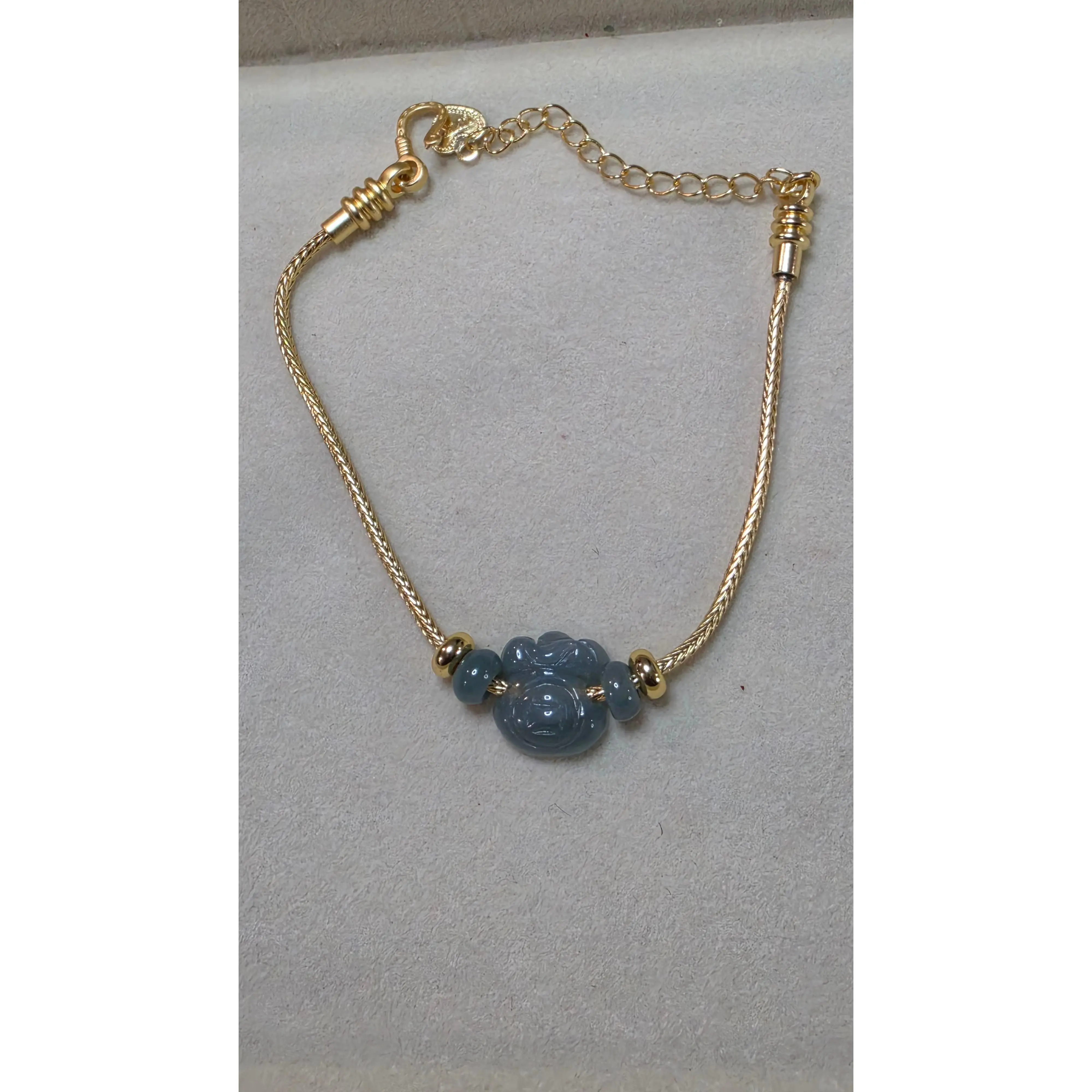 Blue Water Jade Adjustable Gold-Tone Money Bracelet - Calming Blue Tones Polished Gem Jewelry for Adults, Unisex Comfortable Daily Wear Accessory