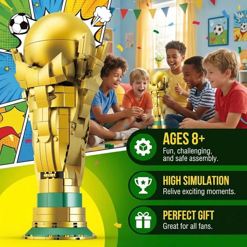 DIY Football Trophy Building Blocks Set, Collectible Desktop Decoration, Home Decor Brick Statue, Classic Gold Display Model, Unisex Gift, Building Kit, Replica, mundial 2026