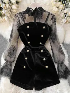 Women's Casual Fitted Solid Color Lace Top + Jumpsuit Set, 2 Piece Outfit, Comfortable and Stylish, Perfect for Daily Wear