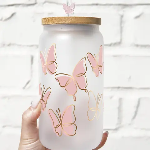 Pink Butterfly Floral 40oz Glass Tumbler with Handle, Bamboo Lid & Straw