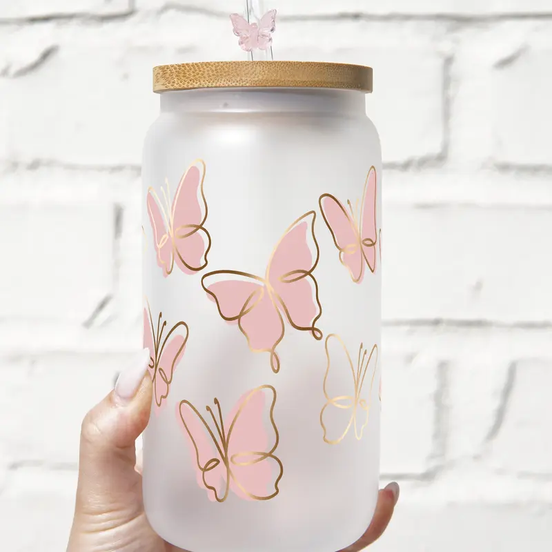 Pink Butterfly Floral 40oz Glass Tumbler with Handle, Bamboo Lid & Straw