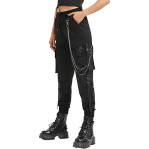 Black Cargo Pants for Women Techwear Women Loose Street Rock Style Casual Black Pants with Chain Goth Pants