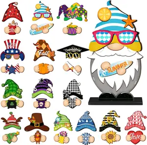 Gnome Wooden Sign Interchangeable Wooden Gnome Desktop Decorations with Magnet Accessories Gnome Sign for Summer Holiday Seasonal Home Graduation Party Mother's Day Office Living Room Garden