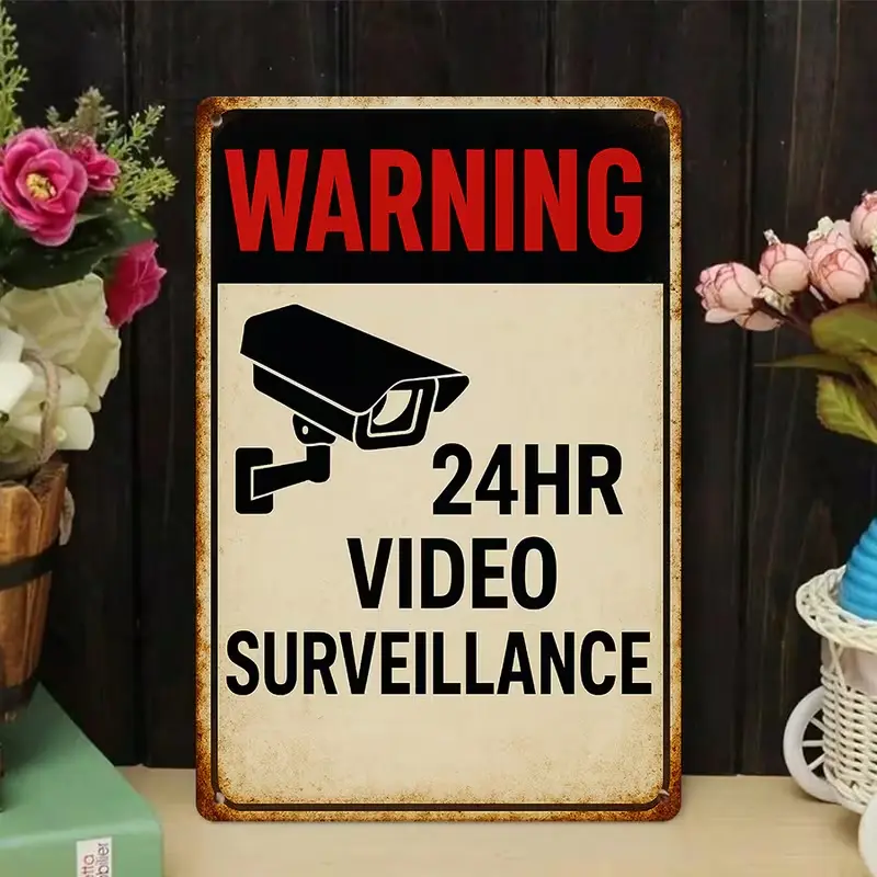 Vintage 24HR Video Surveillance Warning Metal Tin Sign - 8x12in Distressed Rustic Waterproof Hanging Wall Plaque, Home Decor for Business Garage